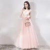 Chic / Beautiful See-through Pearl Pink Evening Dresses  2019 A-Line / Princess Scoop Neck Sleeveless Star Beading Rhinestone Floor-Length / Long Ruffle Backless Formal Dresses