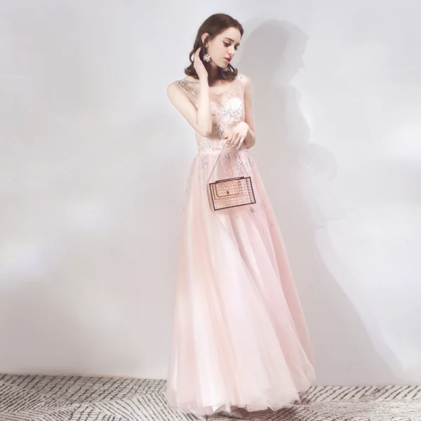 Chic / Beautiful See-through Pearl Pink Evening Dresses  2019 A-Line / Princess Scoop Neck Sleeveless Star Beading Rhinestone Floor-Length / Long Ruffle Backless Formal Dresses