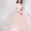 Chic / Beautiful See-through Pearl Pink Evening Dresses  2019 A-Line / Princess Scoop Neck Sleeveless Star Beading Rhinestone Floor-Length / Long Ruffle Backless Formal Dresses