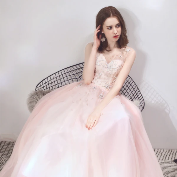 Chic / Beautiful See-through Pearl Pink Evening Dresses  2019 A-Line / Princess Scoop Neck Sleeveless Star Beading Rhinestone Floor-Length / Long Ruffle Backless Formal Dresses