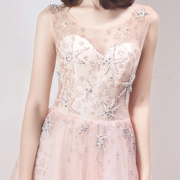 Chic / Beautiful See-through Pearl Pink Evening Dresses  2019 A-Line / Princess Scoop Neck Sleeveless Star Beading Rhinestone Floor-Length / Long Ruffle Backless Formal Dresses