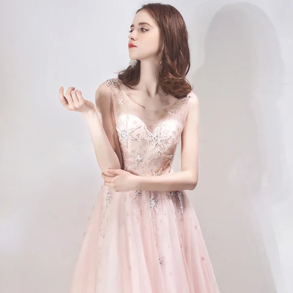 Chic / Beautiful See-through Pearl Pink Evening Dresses  2019 A-Line / Princess Scoop Neck Sleeveless Star Beading Rhinestone Floor-Length / Long Ruffle Backless Formal Dresses