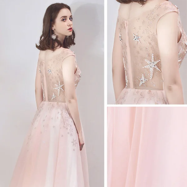 Chic / Beautiful See-through Pearl Pink Evening Dresses  2019 A-Line / Princess Scoop Neck Sleeveless Star Beading Rhinestone Floor-Length / Long Ruffle Backless Formal Dresses