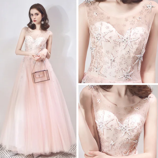 Chic / Beautiful See-through Pearl Pink Evening Dresses  2019 A-Line / Princess Scoop Neck Sleeveless Star Beading Rhinestone Floor-Length / Long Ruffle Backless Formal Dresses