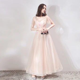 Classy Pearl Pink Evening Dresses 2019 A Line Princess Scoop Neck Short Sleeve Appliques Flower Sequins Beading Floor Length Long Ruffle Backless Formal Dresses
