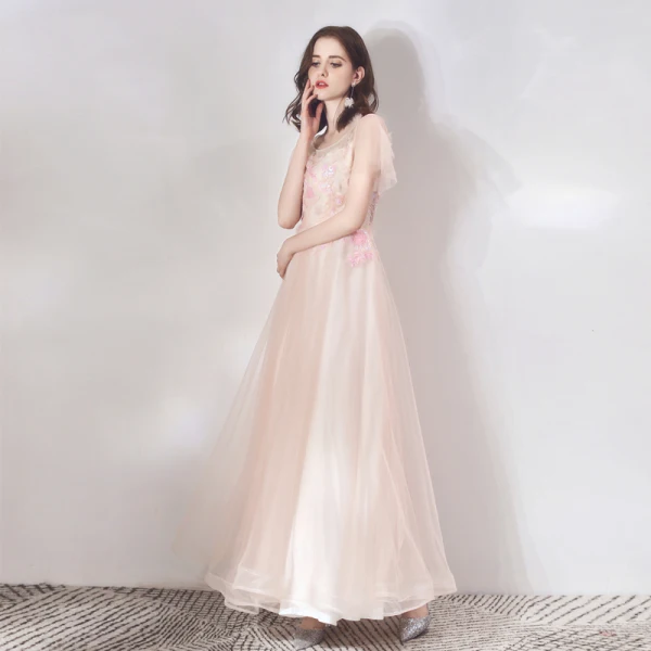 Chic Perle Rose Robe De Soirée 2019 Princesse Encolure Dégagée Manches Courtes Appliques Fleur Paillettes Perlage Longue Volants Dos Nu Robe De Ceremonie