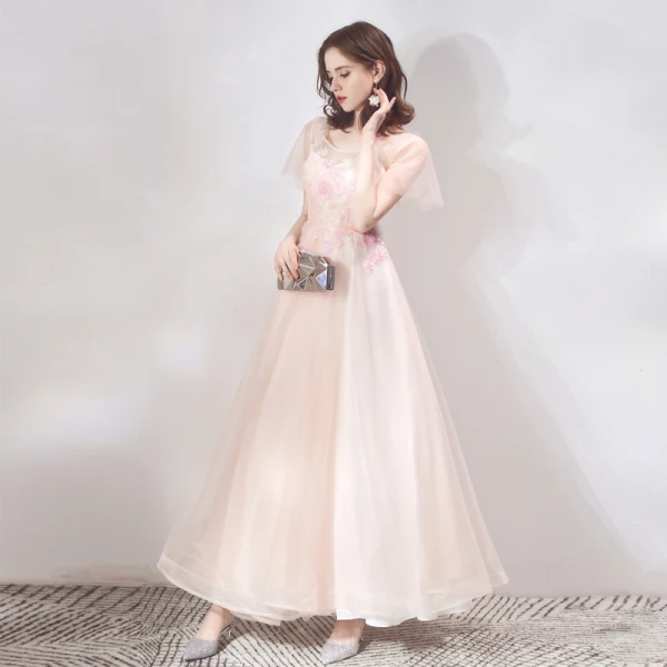 Chic Perle Rose Robe De Soirée 2019 Princesse Encolure Dégagée Manches Courtes Appliques Fleur Paillettes Perlage Longue Volants Dos Nu Robe De Ceremonie