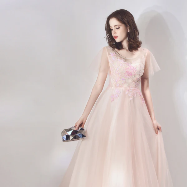 Chic Perle Rose Robe De Soirée 2019 Princesse Encolure Dégagée Manches Courtes Appliques Fleur Paillettes Perlage Longue Volants Dos Nu Robe De Ceremonie