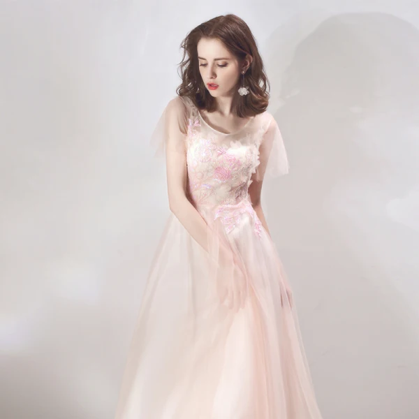 Chic Perle Rose Robe De Soirée 2019 Princesse Encolure Dégagée Manches Courtes Appliques Fleur Paillettes Perlage Longue Volants Dos Nu Robe De Ceremonie