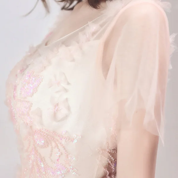 Chic Perle Rose Robe De Soirée 2019 Princesse Encolure Dégagée Manches Courtes Appliques Fleur Paillettes Perlage Longue Volants Dos Nu Robe De Ceremonie