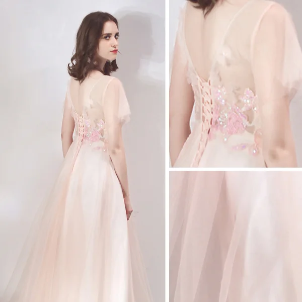Chic Perle Rose Robe De Soirée 2019 Princesse Encolure Dégagée Manches Courtes Appliques Fleur Paillettes Perlage Longue Volants Dos Nu Robe De Ceremonie