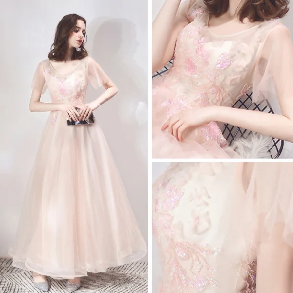 Chic Perle Rose Robe De Soirée 2019 Princesse Encolure Dégagée Manches Courtes Appliques Fleur Paillettes Perlage Longue Volants Dos Nu Robe De Ceremonie