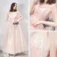 Chic Perle Rose Robe De Soirée 2019 Princesse Encolure Dégagée Manches Courtes Appliques Fleur Paillettes Perlage Longue Volants Dos Nu Robe De Ceremonie