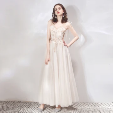 Charmant Champagne Robe De Soirée 2019 Princesse Bretelles Spaghetti Sans Manches Appliques En Dentelle Longue Volants Dos Nu Robe De Ceremonie