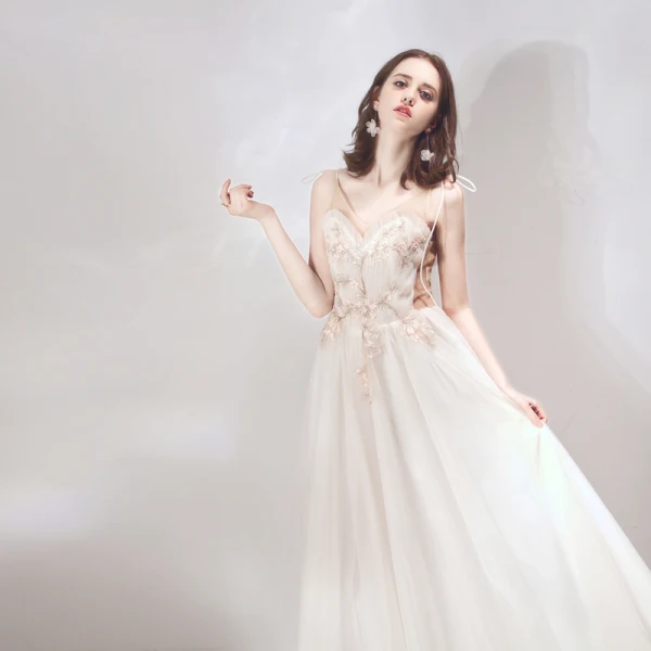 Charmant Champagne Robe De Soirée 2019 Princesse Bretelles Spaghetti Sans Manches Appliques En Dentelle Longue Volants Dos Nu Robe De Ceremonie