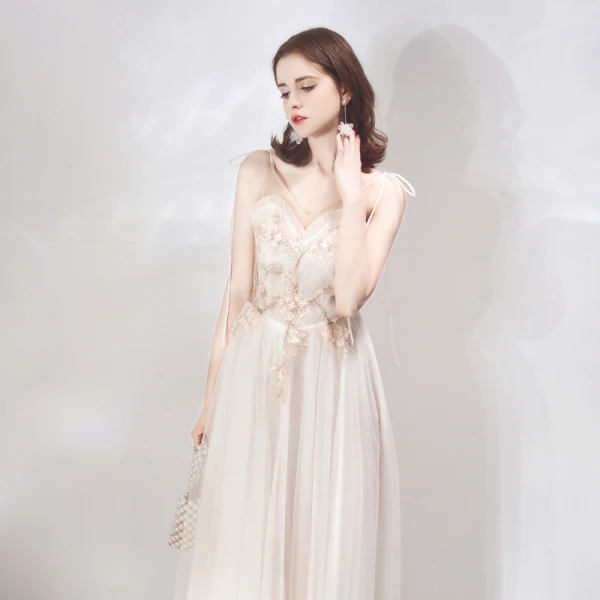 Charmant Champagne Robe De Soirée 2019 Princesse Bretelles Spaghetti Sans Manches Appliques En Dentelle Longue Volants Dos Nu Robe De Ceremonie