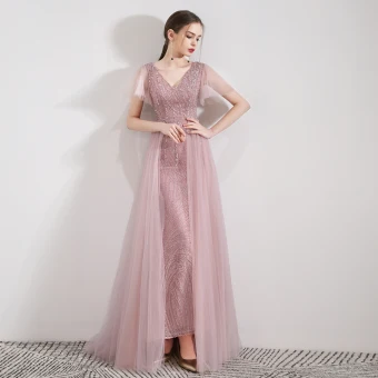 Elegante Candy Roze Avondjurken 2019 Trompet Zeemeermin V Hals Korte Mouwen Pailletten Kralen Afneembaar Sweep Trein Ruche Ruglooze Gelegenheid Jurken