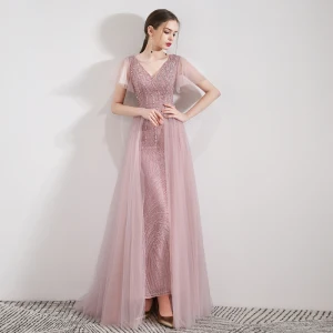 Elegante Pink Abendkleider 2019 Meerjungfrau V Ausschnitt Kurze Ärmel Pailletten Perlenstickerei Abnehmbar Sweep Pinsel Zug Rüschen Rückenfreies Festliche Kleider