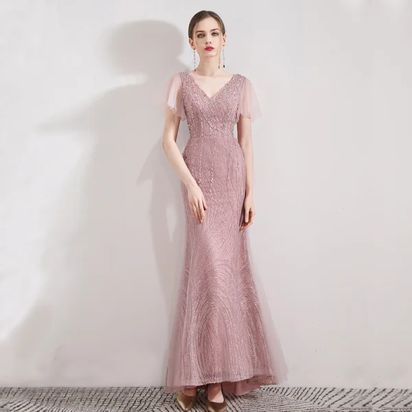 Élégant Rose Bonbon Robe De Soirée 2019 Trompette / Sirène V-Cou Manches Courtes Paillettes Perlage Détachable Train De Balayage Volants Dos Nu Robe De Ceremonie