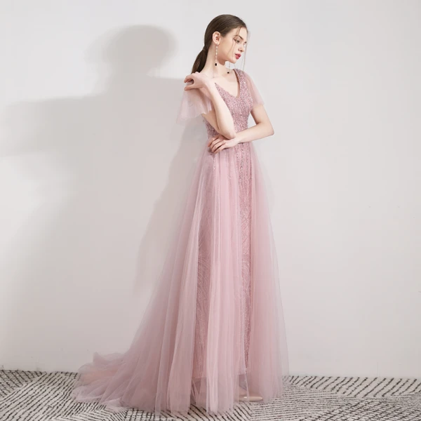 Élégant Rose Bonbon Robe De Soirée 2019 Trompette / Sirène V-Cou Manches Courtes Paillettes Perlage Détachable Train De Balayage Volants Dos Nu Robe De Ceremonie