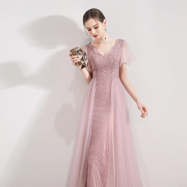 Élégant Rose Bonbon Robe De Soirée 2019 Trompette / Sirène V-Cou Manches Courtes Paillettes Perlage Détachable Train De Balayage Volants Dos Nu Robe De Ceremonie