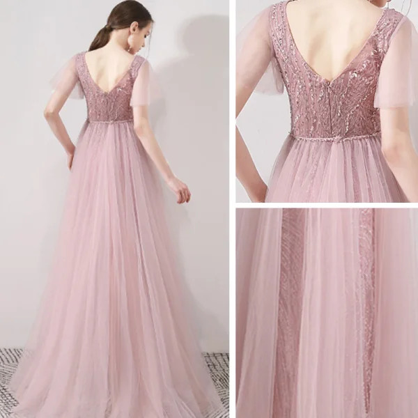 Élégant Rose Bonbon Robe De Soirée 2019 Trompette / Sirène V-Cou Manches Courtes Paillettes Perlage Détachable Train De Balayage Volants Dos Nu Robe De Ceremonie