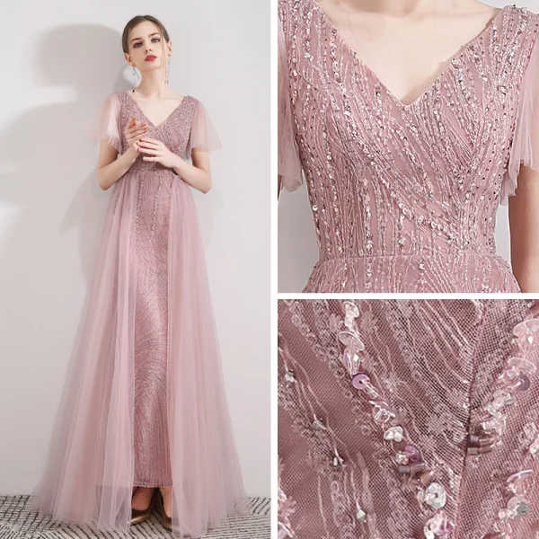 Élégant Rose Bonbon Robe De Soirée 2019 Trompette / Sirène V-Cou Manches Courtes Paillettes Perlage Détachable Train De Balayage Volants Dos Nu Robe De Ceremonie
