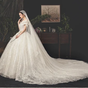Bling Bling Ivory See Through Wedding Dresses 2019 A Line Princess Square Neckline Bow Short Sleeve Backless Glitter Tulle Royal Train Ruffle
