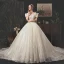 Bling Bling Ivory / Creme Durchsichtige Brautkleider / Hochzeitskleider 2019 A Linie Eckiger Ausschnitt Schleife Kurze Ärmel Rückenfreies Glanz Tülle Königliche Schleppe Rüschen