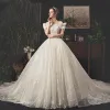 Bling Bling Ivory See-through Wedding Dresses 2019 A-Line / Princess Square Neckline Bow Short Sleeve Backless Glitter Tulle Royal Train Ruffle