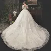 Bling Bling Ivory See-through Wedding Dresses 2019 A-Line / Princess Square Neckline Bow Short Sleeve Backless Glitter Tulle Royal Train Ruffle