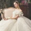 Bling Bling Ivory / Creme Durchsichtige Brautkleider / Hochzeitskleider 2019 A Linie Eckiger Ausschnitt Schleife Kurze Ärmel Rückenfreies Glanz Tülle Königliche Schleppe Rüschen