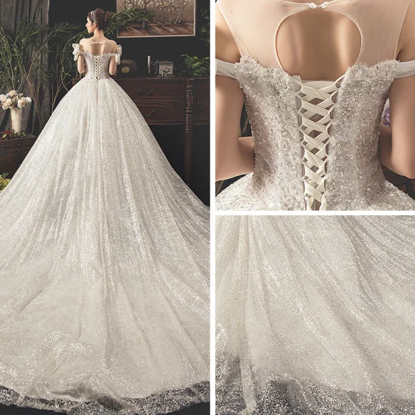 Bling Bling Ivory / Creme Durchsichtige Brautkleider / Hochzeitskleider 2019 A Linie Eckiger Ausschnitt Schleife Kurze Ärmel Rückenfreies Glanz Tülle Königliche Schleppe Rüschen