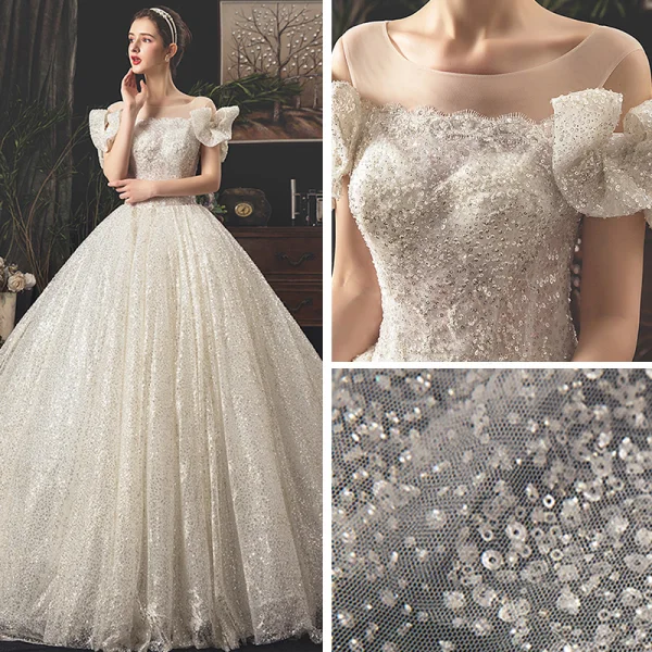 Bling Bling Ivory / Creme Durchsichtige Brautkleider / Hochzeitskleider 2019 A Linie Eckiger Ausschnitt Schleife Kurze Ärmel Rückenfreies Glanz Tülle Königliche Schleppe Rüschen