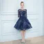 Chic / Belle Bleu Marine Transparentes Robe De Cocktail 2019 Princesse Encolure Carrée 1/2 Manches Glitter Tulle Noeud Ceinture Courte Volants Robe De Ceremonie