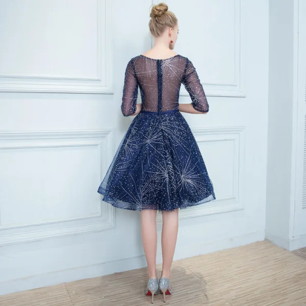 Chic / Belle Bleu Marine Transparentes Robe De Cocktail 2019 Princesse Encolure Carrée 1/2 Manches Glitter Tulle Noeud Ceinture Courte Volants Robe De Ceremonie