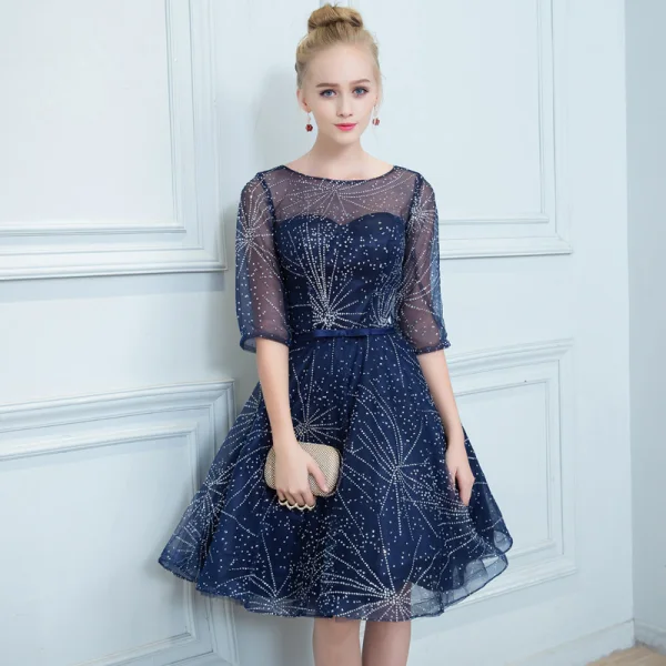 Chic / Belle Bleu Marine Transparentes Robe De Cocktail 2019 Princesse Encolure Carrée 1/2 Manches Glitter Tulle Noeud Ceinture Courte Volants Robe De Ceremonie