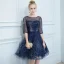 Chic / Belle Bleu Marine Transparentes Robe De Cocktail 2019 Princesse Encolure Carrée 1/2 Manches Glitter Tulle Noeud Ceinture Courte Volants Robe De Ceremonie