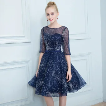 Chic Beautiful Navy Blue See Through Cocktail Dresses 2019 A Line Princess Square Neckline 1 2 Sleeves Glitter Tulle Bow Sash Short Ruffle Formal Dresses