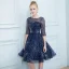 Chic / Belle Bleu Marine Transparentes Robe De Cocktail 2019 Princesse Encolure Carrée 1/2 Manches Glitter Tulle Noeud Ceinture Courte Volants Robe De Ceremonie