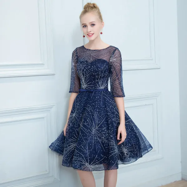 Chic / Beautiful Navy Blue See-through Cocktail Dresses 2019 A-Line / Princess Square Neckline 1/2 Sleeves Glitter Tulle Bow Sash Short Ruffle Formal Dresses