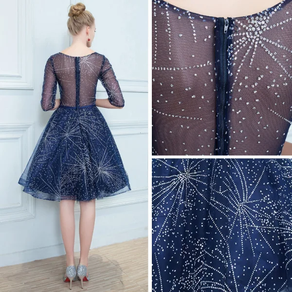 Chic / Belle Bleu Marine Transparentes Robe De Cocktail 2019 Princesse Encolure Carrée 1/2 Manches Glitter Tulle Noeud Ceinture Courte Volants Robe De Ceremonie