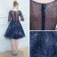 Chic / Belle Bleu Marine Transparentes Robe De Cocktail 2019 Princesse Encolure Carrée 1/2 Manches Glitter Tulle Noeud Ceinture Courte Volants Robe De Ceremonie