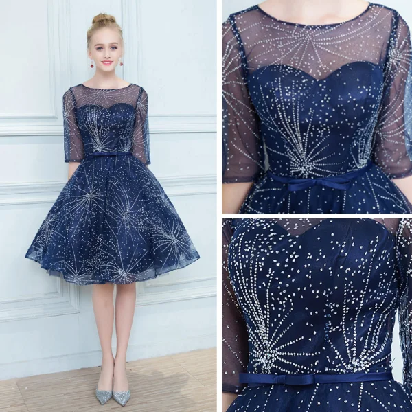 Chic / Belle Bleu Marine Transparentes Robe De Cocktail 2019 Princesse Encolure Carrée 1/2 Manches Glitter Tulle Noeud Ceinture Courte Volants Robe De Ceremonie