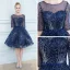 Chic / Belle Bleu Marine Transparentes Robe De Cocktail 2019 Princesse Encolure Carrée 1/2 Manches Glitter Tulle Noeud Ceinture Courte Volants Robe De Ceremonie