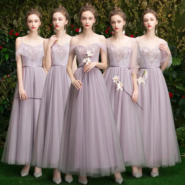 Affordable Lavender Bridesmaid Dresses 2019 A-Line / Princess Appliques Lace Sequins Sash Floor-Length / Long Ruffle Wedding Party Dresses