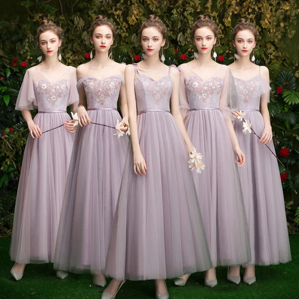 Affordable Lavender Bridesmaid Dresses 2019 A-Line / Princess Appliques Lace Sequins Sash Floor-Length / Long Ruffle Wedding Party Dresses