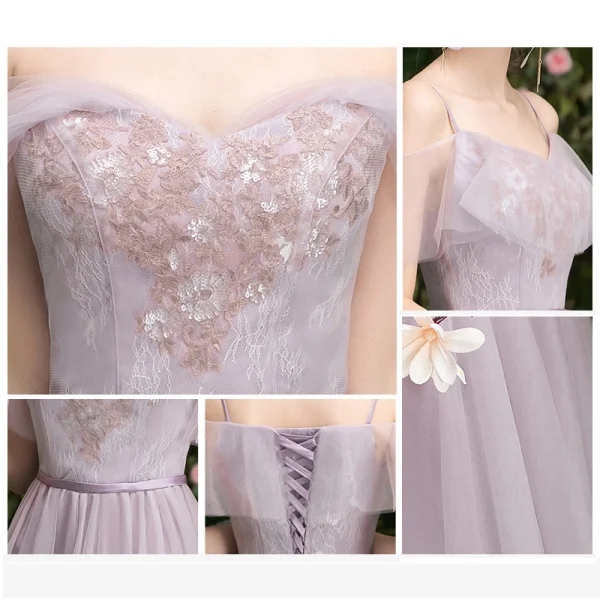 Affordable Lavender Bridesmaid Dresses 2019 A-Line / Princess Appliques Lace Sequins Sash Floor-Length / Long Ruffle Wedding Party Dresses