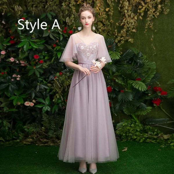 Affordable Lavender Bridesmaid Dresses 2019 A-Line / Princess Appliques Lace Sequins Sash Floor-Length / Long Ruffle Wedding Party Dresses