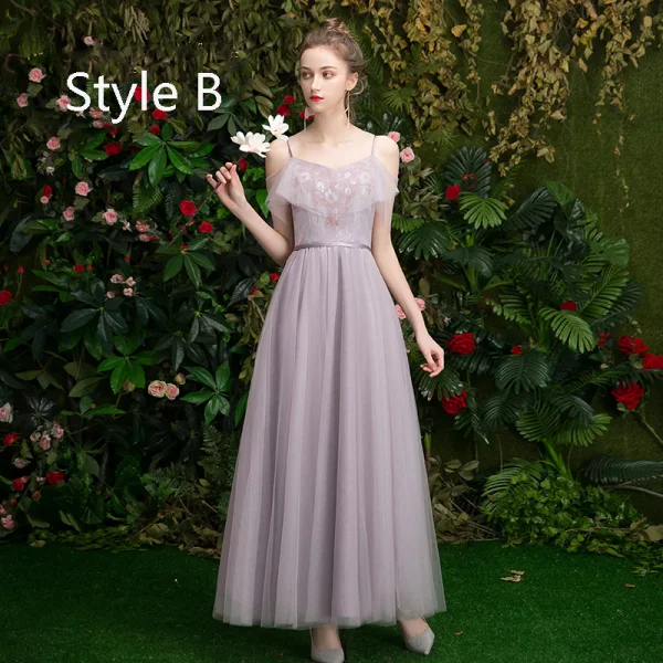 Affordable Lavender Bridesmaid Dresses 2019 A-Line / Princess Appliques Lace Sequins Sash Floor-Length / Long Ruffle Wedding Party Dresses